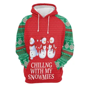 Chilling With My Snowmies Christmas All Over Print 3D Hoodie For Men And Women, Best Gift For Dog lovers, Best Outfit Christmas